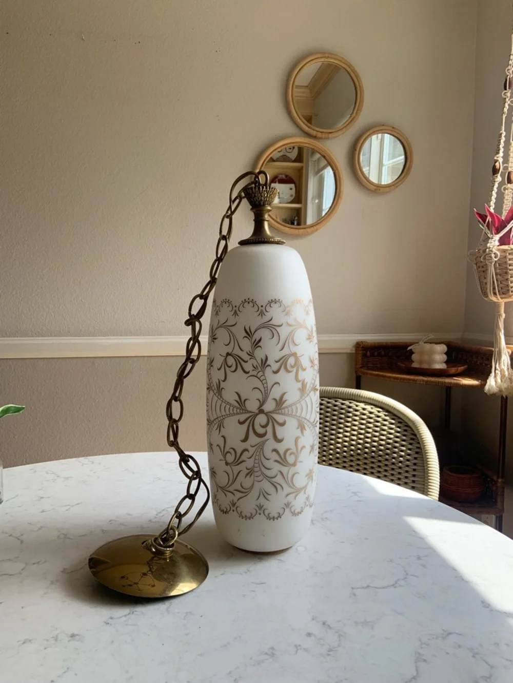 Vintage MCM  White & Gold Pendant Swag Lamp - Decorative Floral Design